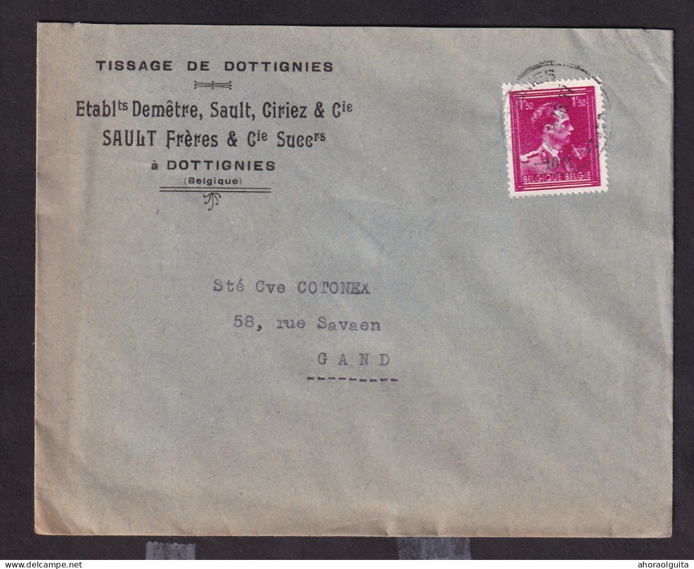 DDFF 282 -- Enveloppe TP Surcharge Typo Moins 10 % DOTTIGNIES 1946 - Entete Tissage Sault Frères § Cie - 1946 -10%