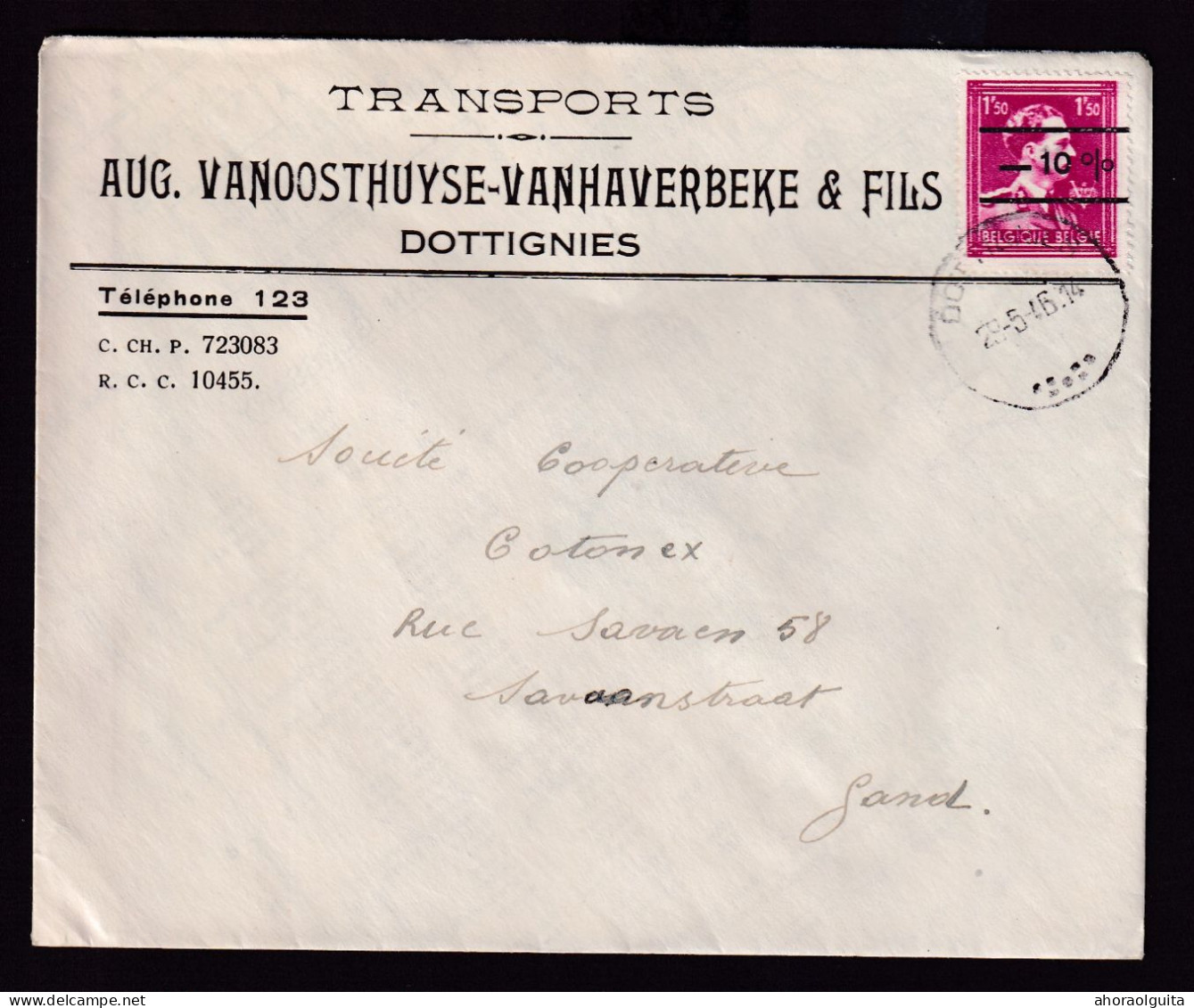 DDFF 283 -- Enveloppe TP Surcharge Locale Moins 10 % DOTTIGNIES 1946 - Entete Transports Vanoostenhuyse-Vanhaverbeke - 1946 -10%