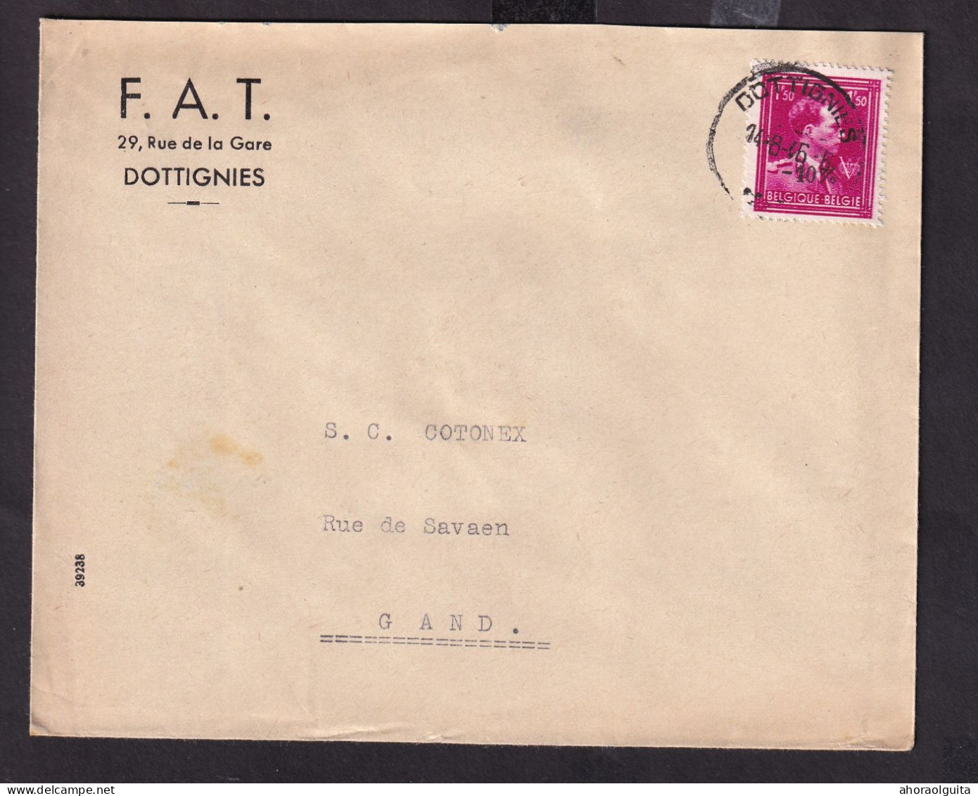 DDFF 284 -- 2 X Enveloppe TP Surcharge Locale Ou Typo Moins 10 % DOTTIGNIES 1946 - Entete Ou Cachet F.A.T. - 1946 -10%