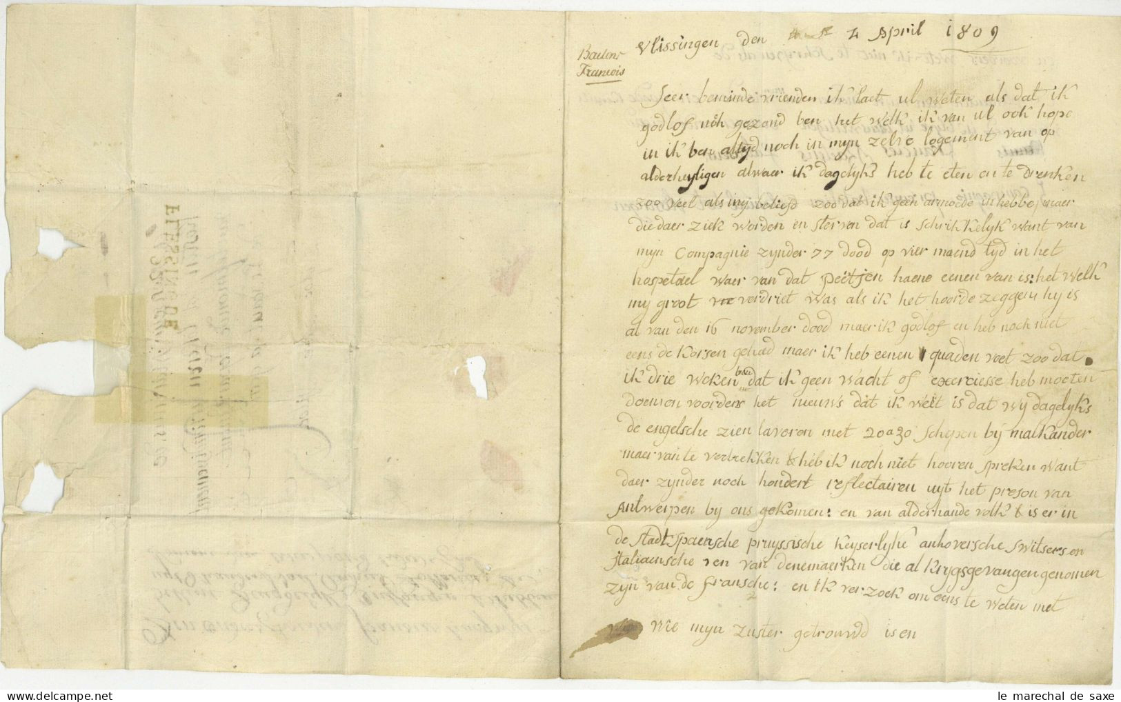 92 FLESSINGUE Vlissingen Pour Lokeren 1809 Sitot Sitot Lettre De Soldat Flamand Premier Bataillon Colonial - 1792-1815: Dipartimenti Conquistati