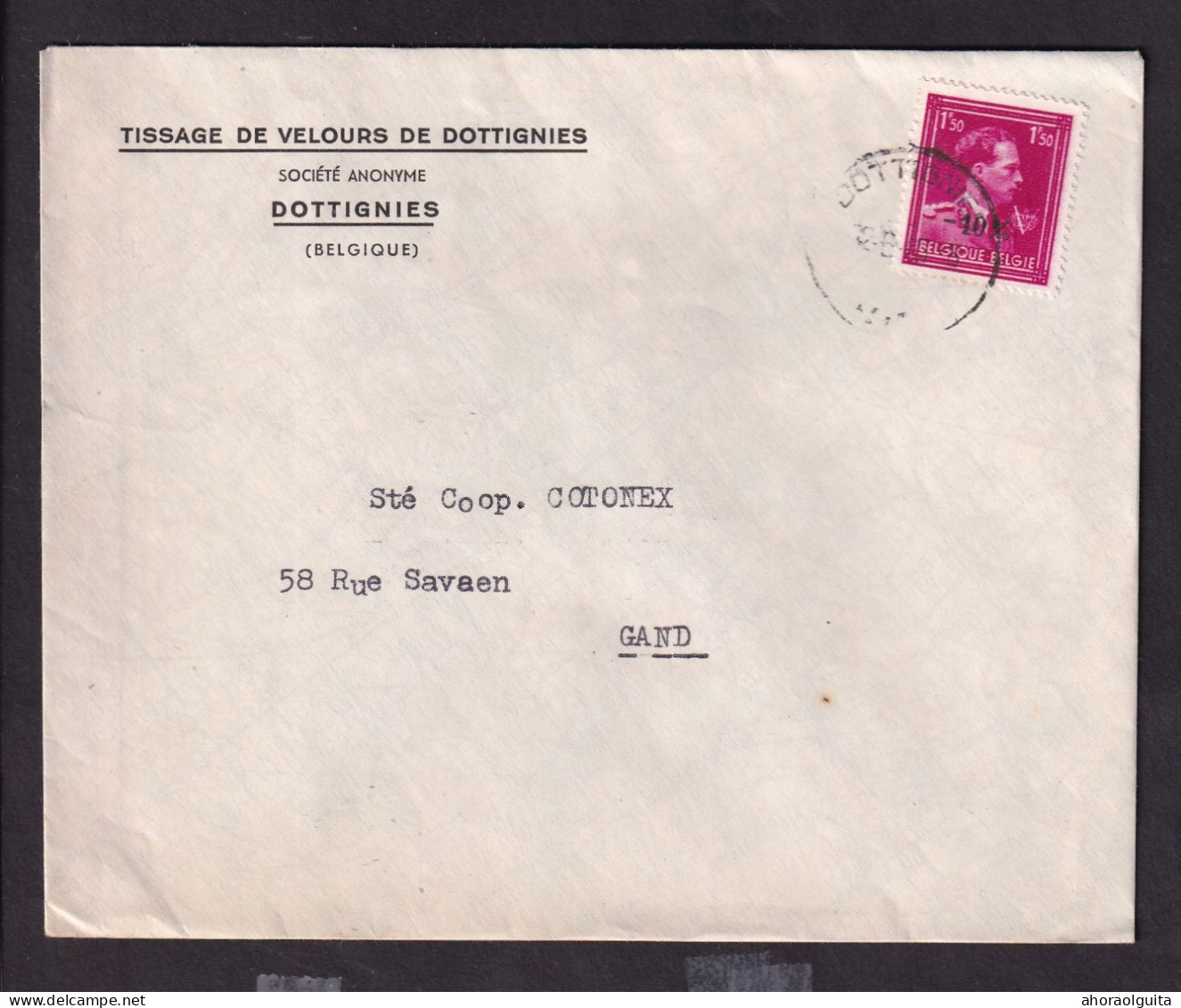 DDFF 287 -- Enveloppe TP Surcharge Typo Moins 10 % DOTTIGNIES 1946 - Entete Tissage De Velours De Dottignies - 1946 -10%