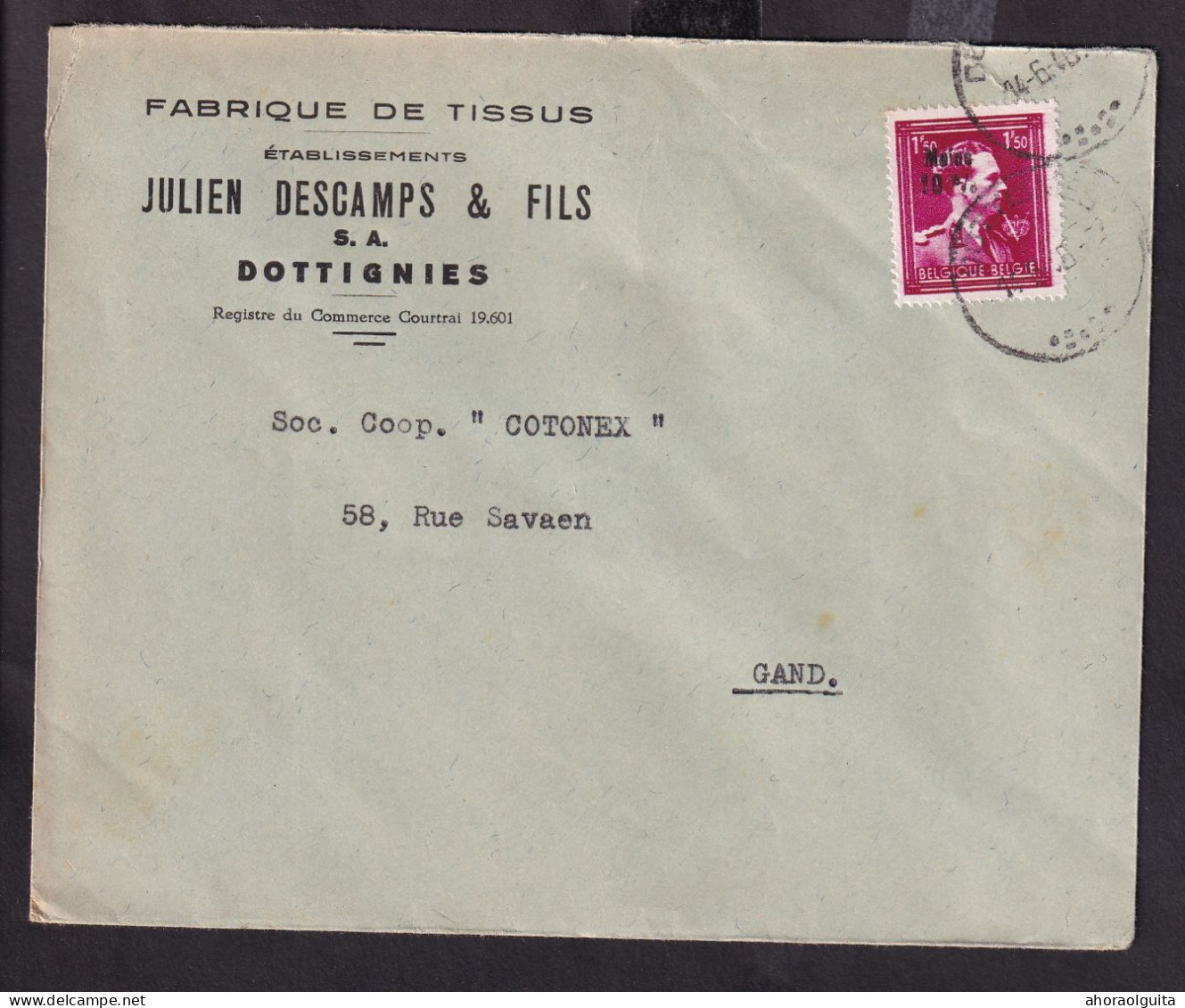 DDFF 288 -- Enveloppe TP Surcharge Locale En Texte Moins 10 % DOTTIGNIES 1946 - Entete Tissus Julien Descamps - 1946 -10%