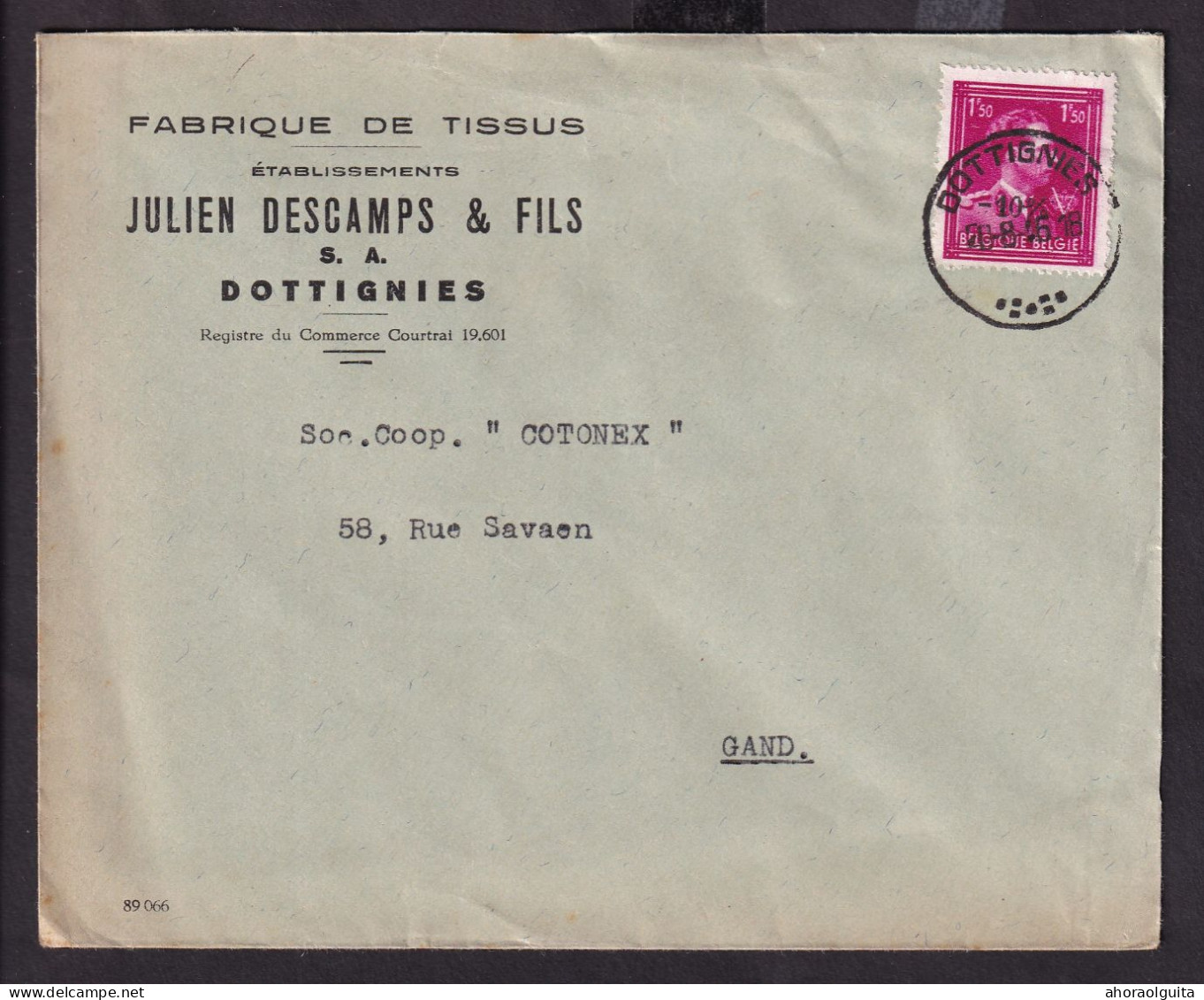 DDFF 289 -- 2 X Enveloppe TP Surcharge Locale Ou Typo Moins 10 % DOTTIGNIES 1946 - Entete Tissus Julien Descamps - 1946 -10%