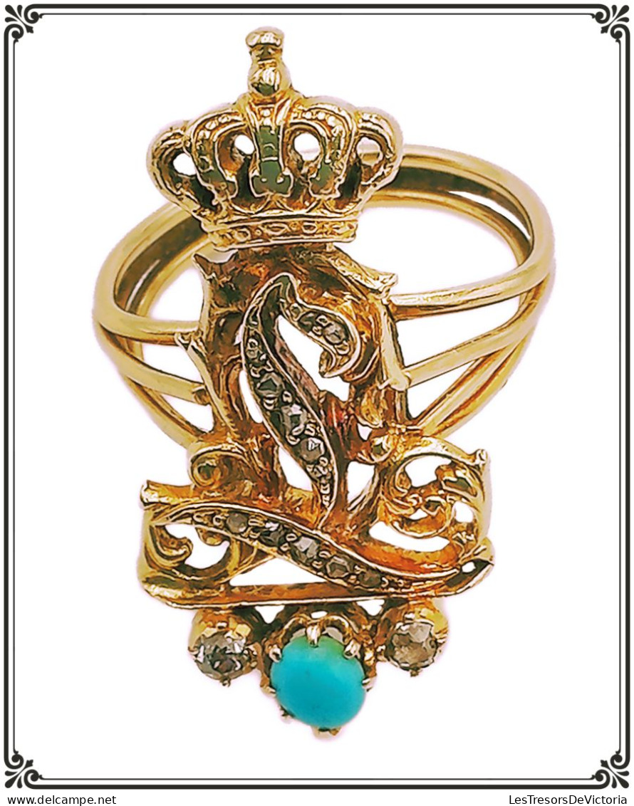 Magnifique Bague Léopold II De Belgique - Or Jaune 18 Carats - Diamants - Turquoise - #AffairesConclues - Bagues