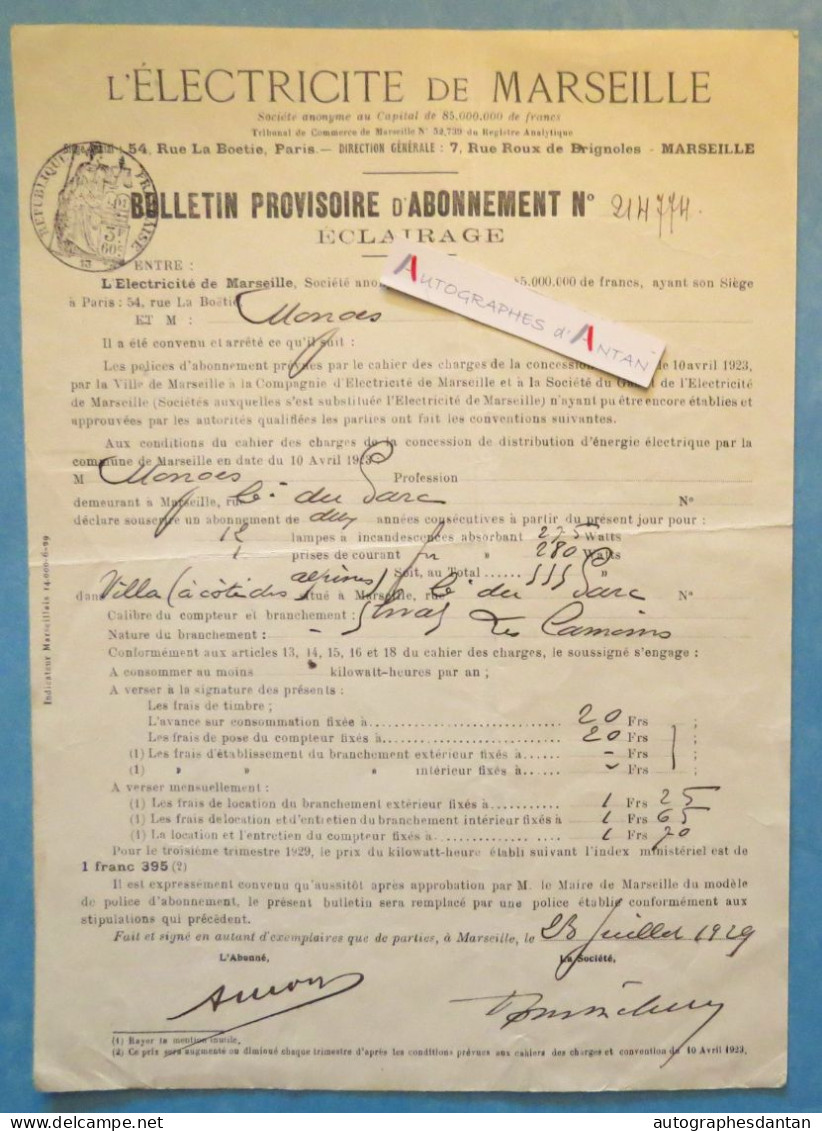 ● Electricité De Marseille 1929 Bulletin Provisoire D'abonnement - éclairage - M. Monges ? - Bouches Du Rhône - Electricity & Gas