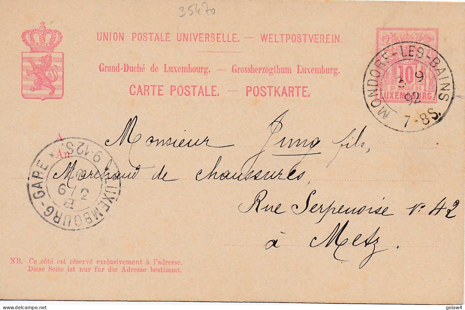 35470# CARTE POSTALE ENTIER POSTAL Datée De WEIDENMUHL Obl MONDORF LES BAINS 1892 LUXEMBOURG Pour METZ MOSELLE - Postwaardestukken