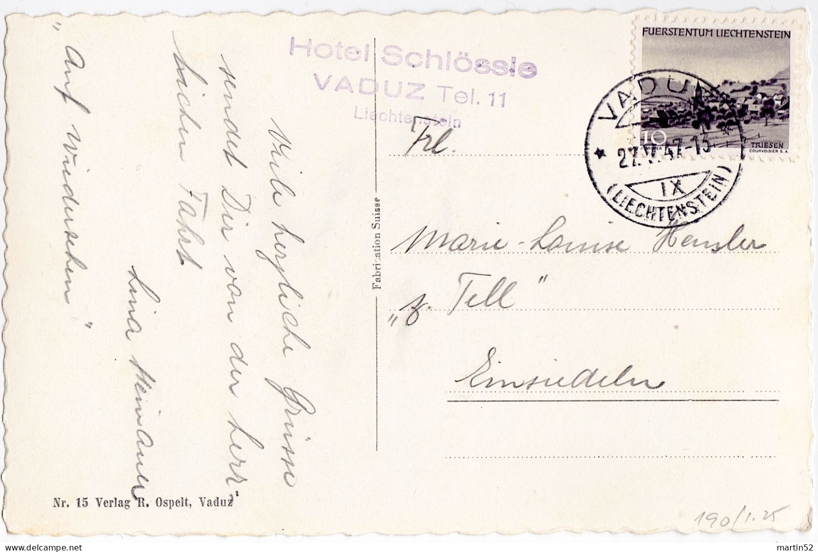 Liechtenstein 1947: Bild-PK / CPI "Schloss Vaduz, Liechtenstein" Zu 190 Mi 226 Yv 201 ⊙ Hotel Schlössle & VADUZ 27.V.47 - Lettres & Documents