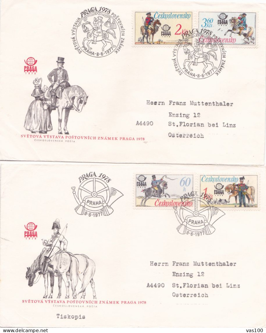 EXHIBITION PRAGUE HORSES  2 COVERS FDC  CIRCULATED 1977 Tchécoslovaquie - Lettres & Documents