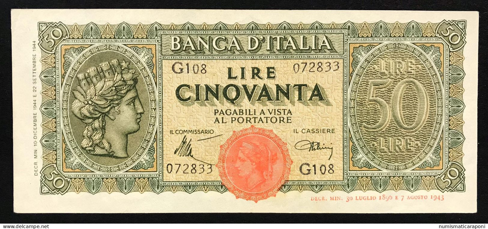 50 LIRE ITALIA TURRITA 10 12 1944  Spl OTTIMO BIGLIETTO  LOTTO 1693 - 50 Lire