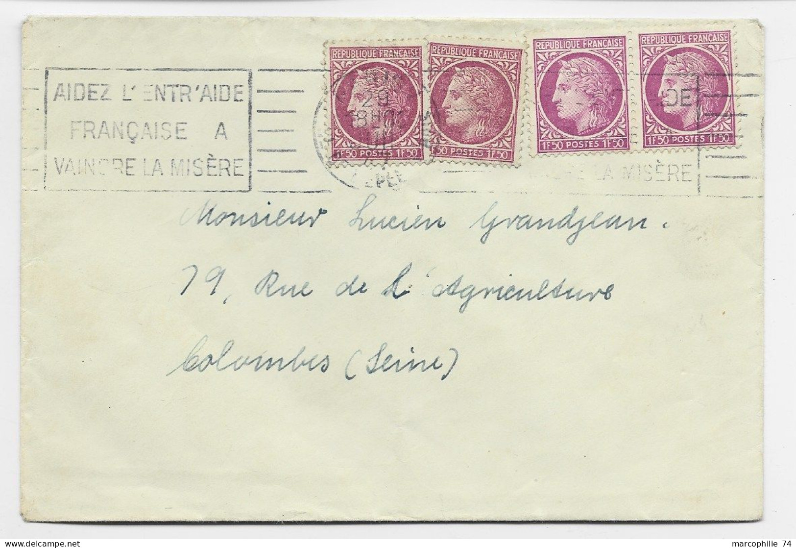 FRANCE MAZELIN 1FR50X4 2 TEINTES LETTRE COVER PARIS 29 JUIL 1947 AU TARIF - 1945-47 Ceres (Mazelin)