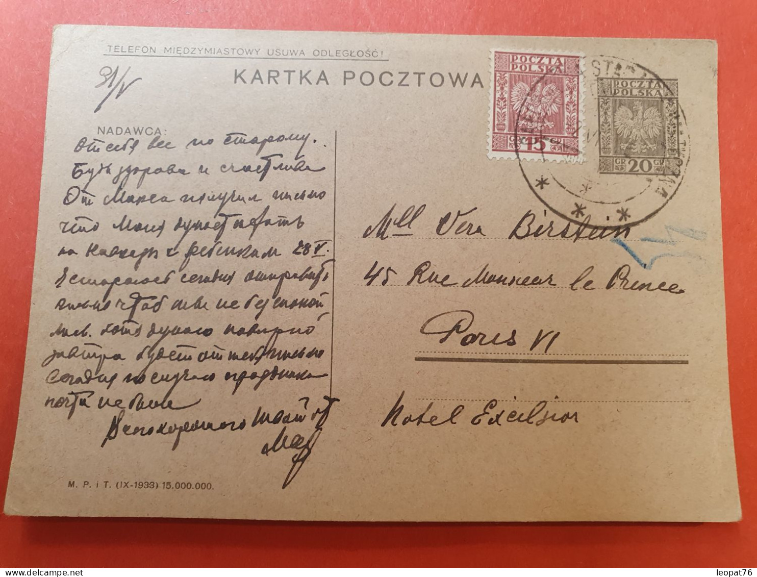 Pologne - Entier Postal +  Complément Pour Paris En 1934 - J 119 - Entiers Postaux