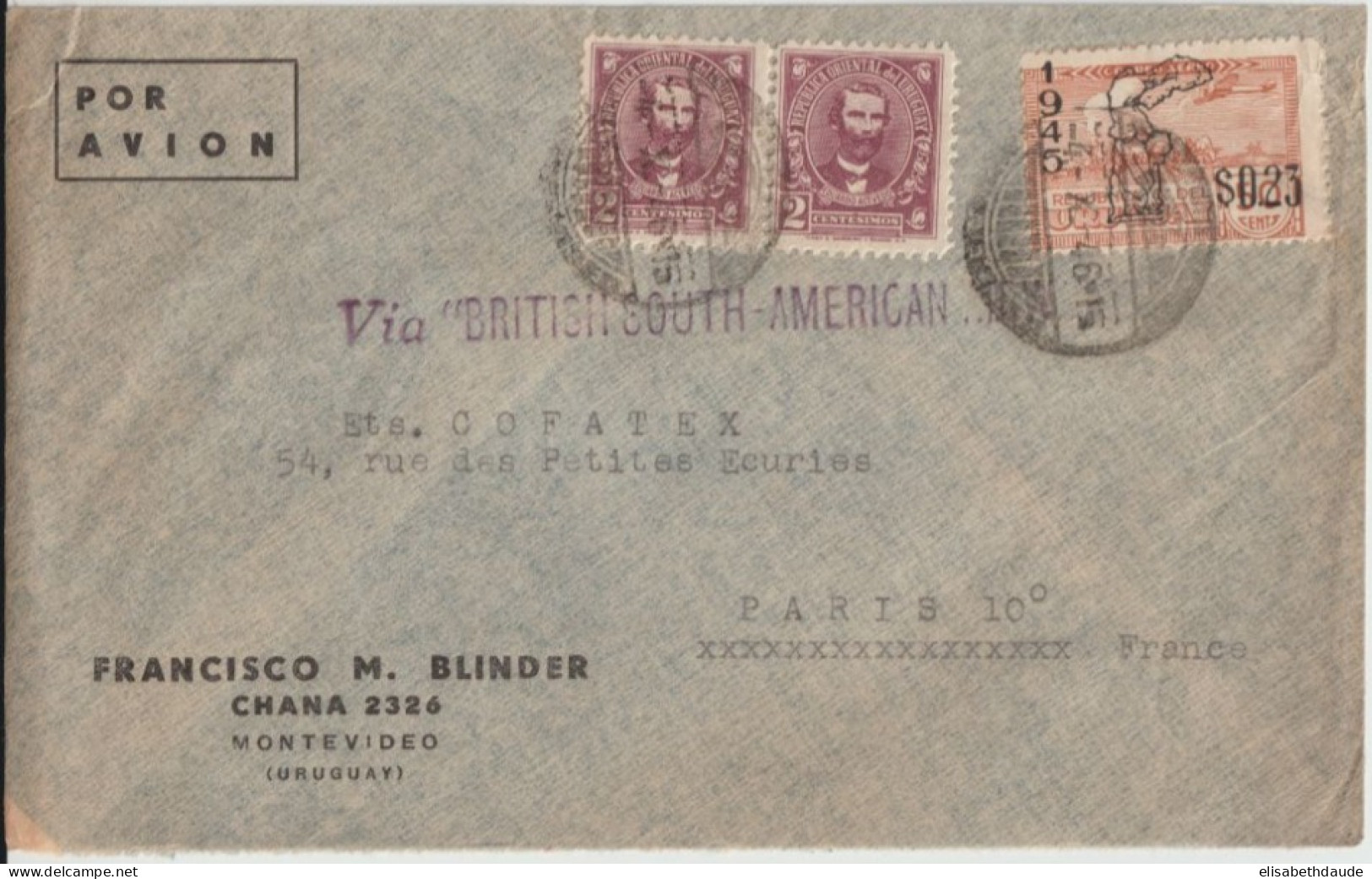 1946 - URUGUAY - POSTE AERIENNE BRITISH SOUTH-AMERICAN AIRWAYS ! - ENVELOPPE De MONTEVIDEO => PARIS - Uruguay