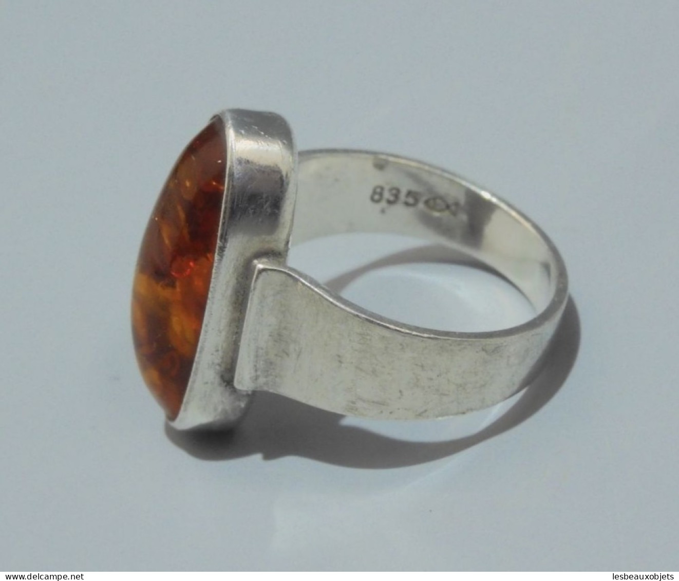 -BAGUE ANCIENNE ARGENT Poinçon 835 & 1 POISSON & OVALE En AMBRE BIJOU ANCIEN    E - Rings