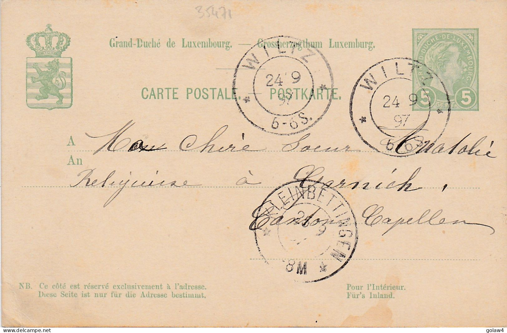 35471# CARTE POSTALE ENTIER POSTAL Obl WILTZ 1897 Pour RELIGIEUSE A GARNICH CAPELLEN KLEINBETTINGEN LUXEMBOURG - Stamped Stationery