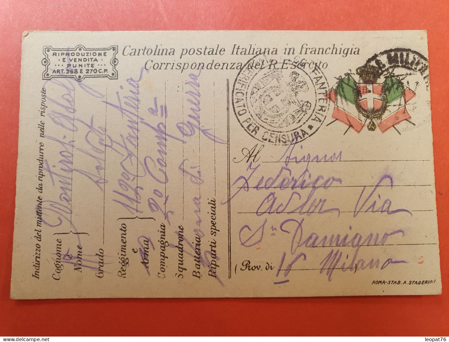 Italie - Carte Fm En 1917 Avec Cachet De Censure - J 127 - Poste Militaire (PM)