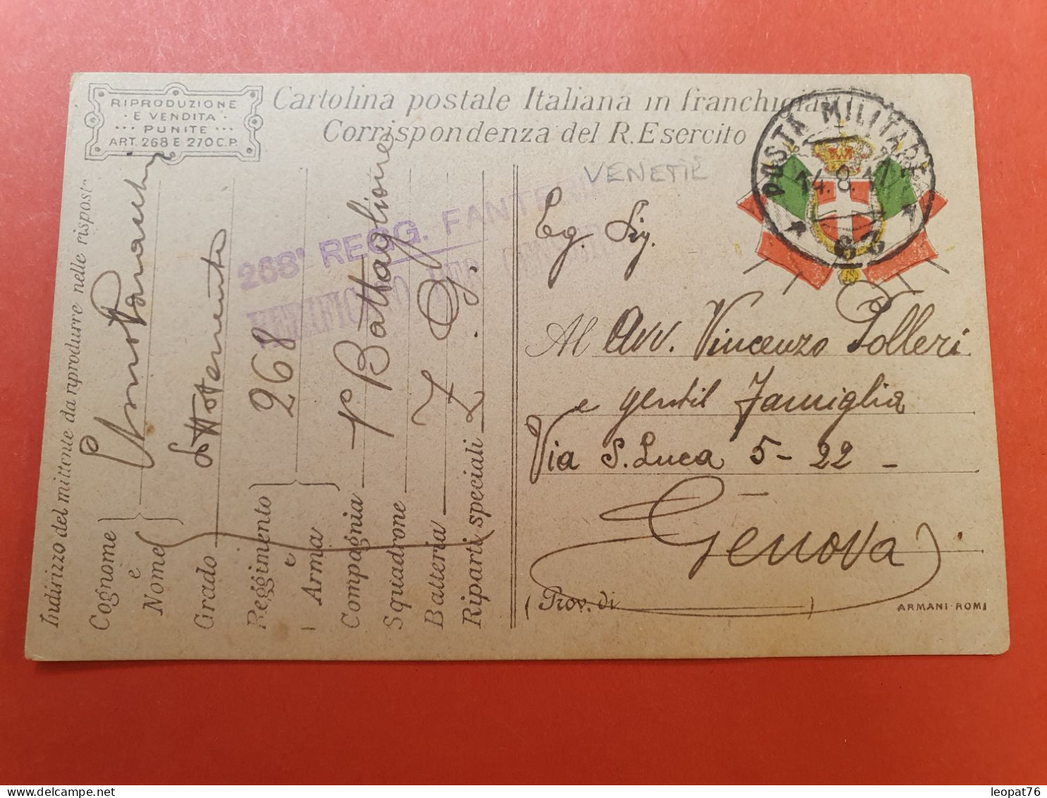 Italie - Carte Fm Pour Genova En 1917 - J 133 - Poste Militaire (PM)