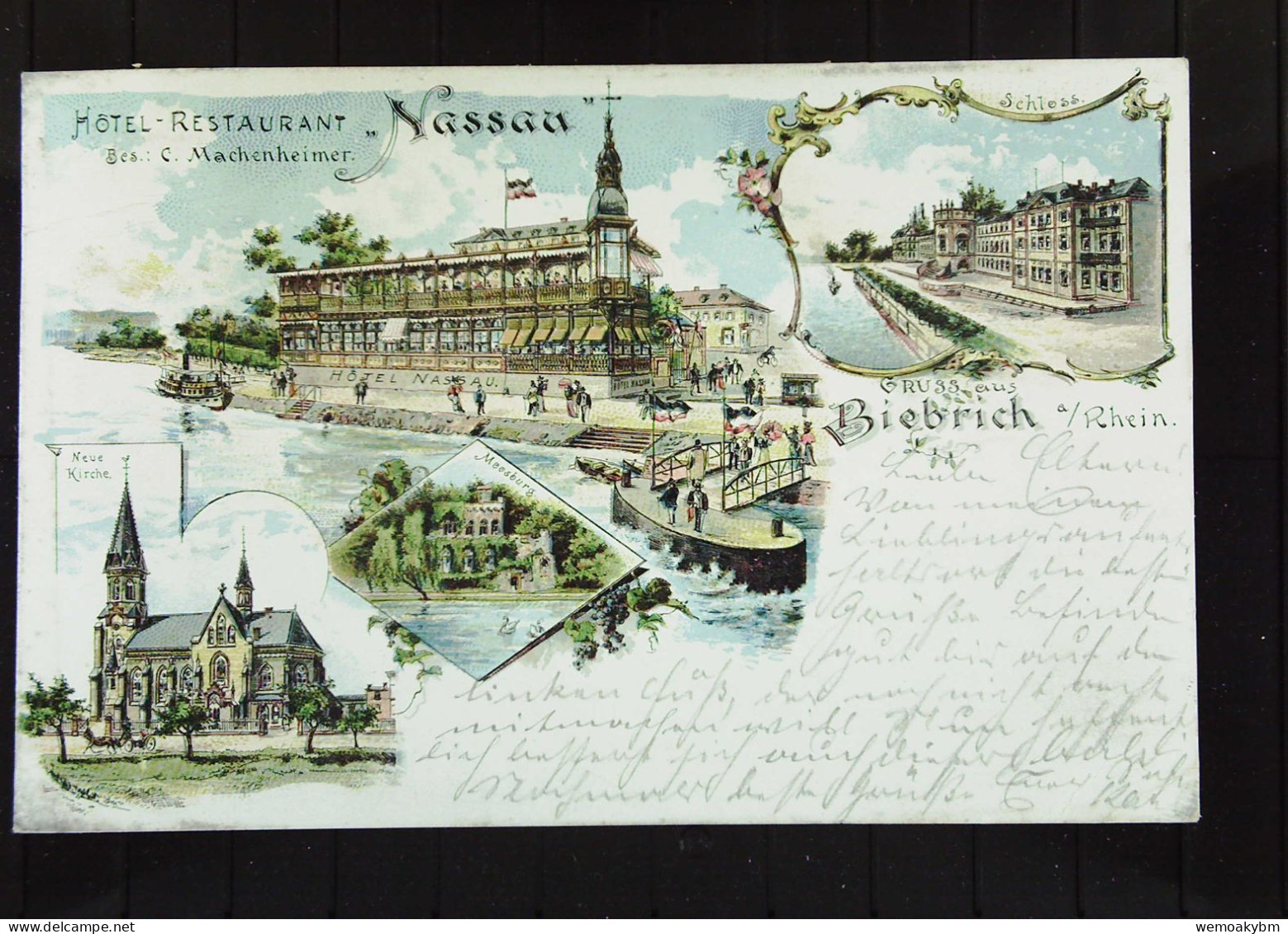 DR: AK "Gruß Aus..." BIEBRICH  Mit Hotel "Nassau", Schloss, Neue Kirche, Meesburg Vom 12.3.1899 Mit 5 Pf Ziffer Knr: 46 - Saluti Da.../ Gruss Aus...