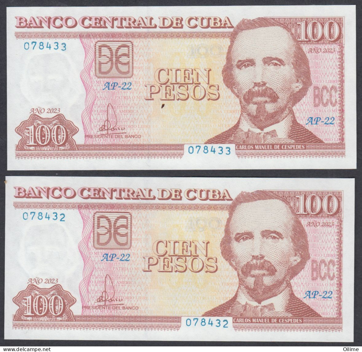 CUBA 2023. BILLETE DE 100 PESOS. SIN CIRCULAR.  PAREJA CORRELATIVA. PERFECTO ESTADO UNC - Kuba