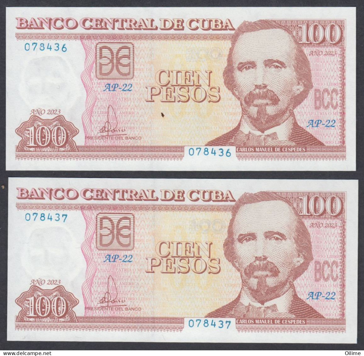 CUBA 2023. BILLETE DE 100 PESOS. SIN CIRCULAR.  PAREJA CORRELATIVA. PERFECTO ESTADO UNC - Cuba