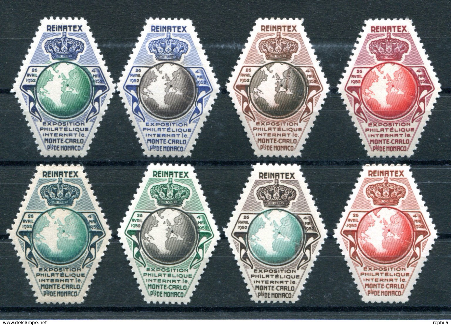 RC 26641 MONACO 1952 REINATEX ENSEMBLE DE 8 VIGNETTES DE COULEURS DIFFERENTES NEUF ** - Unused Stamps
