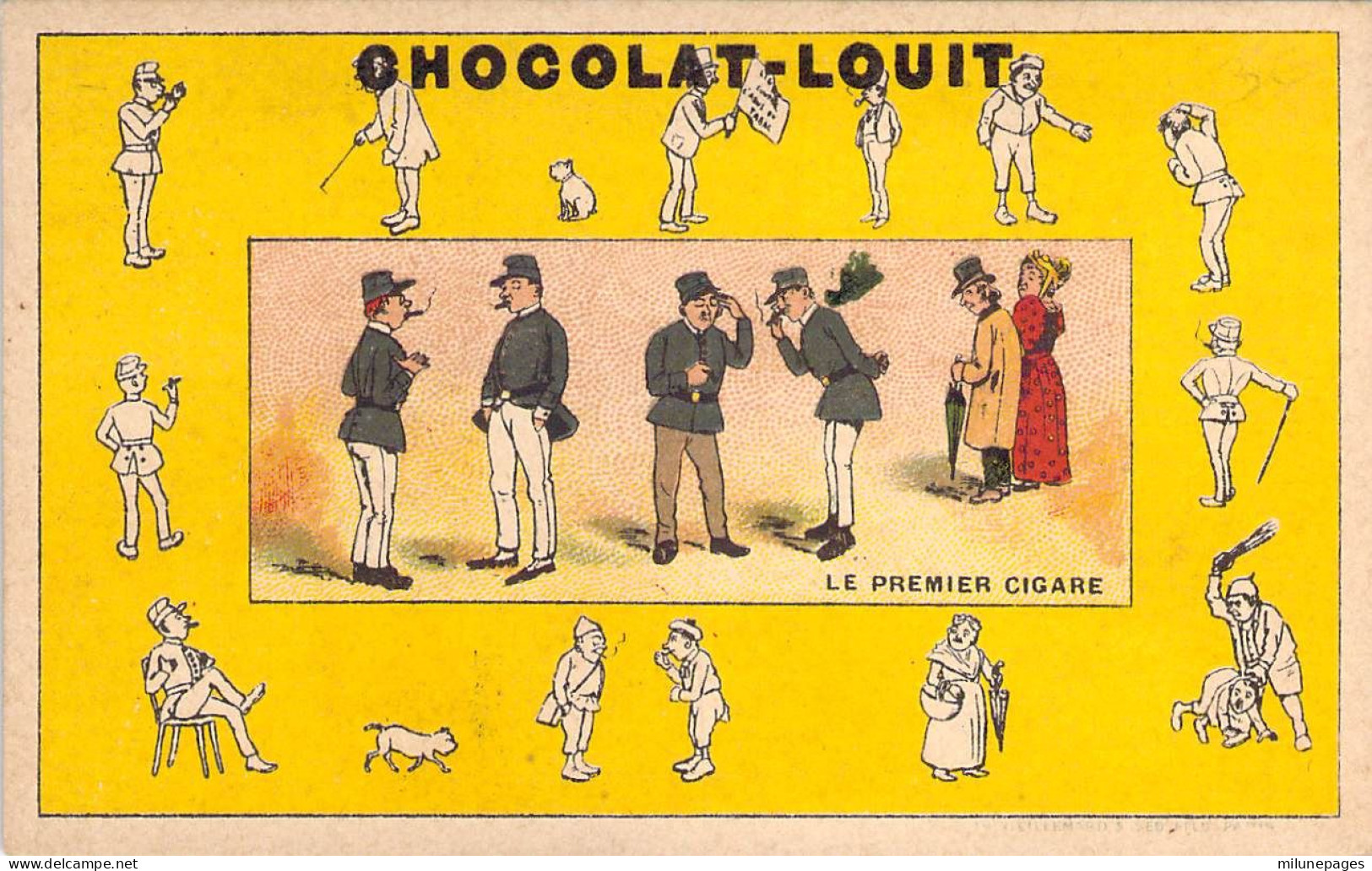 Chromo Image Du Chocolat Louit Rare Série Le Premier Cigare Lithographie Vieillemard & Fils - Louit