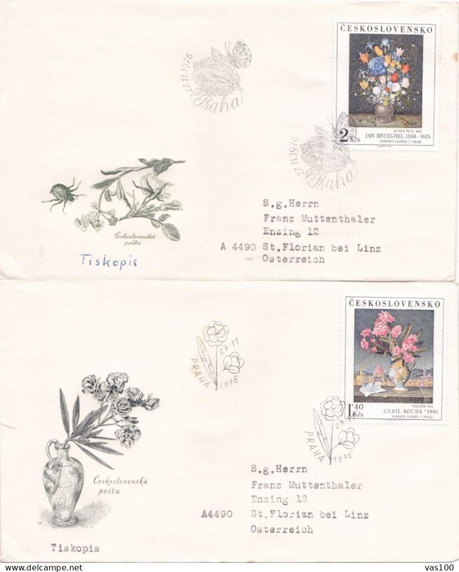 THE PAINTING  FLOWERS  2  COVERS FDC  CIRCULATED 1976 Tchécoslovaquie - Lettres & Documents