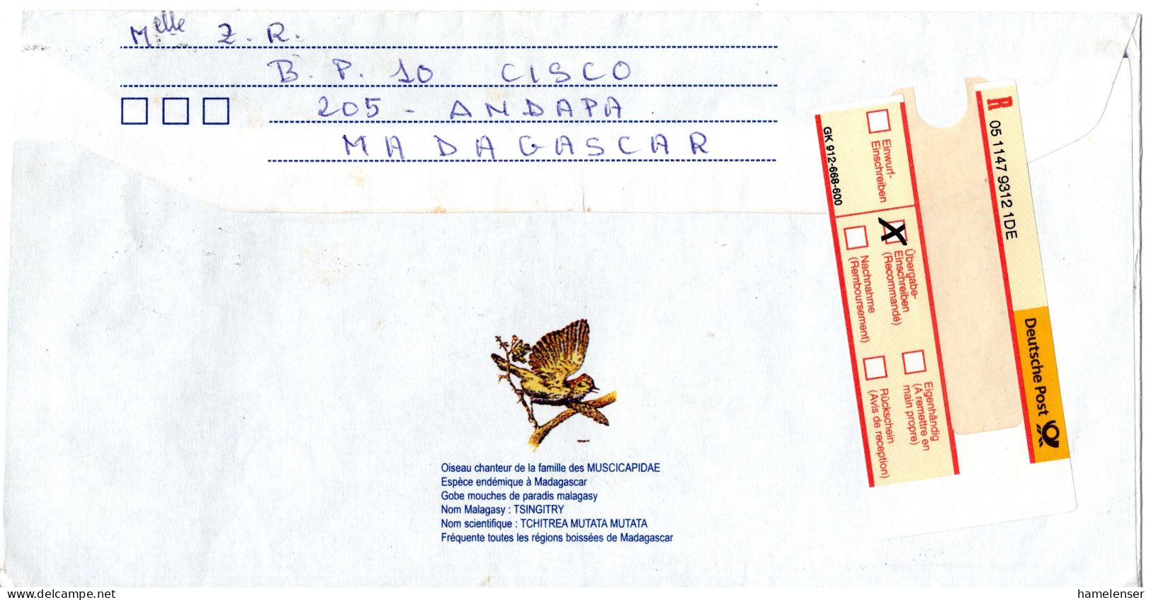 L73689 - Madagaskar - 2000 - "P.P."-GA-R-LpUmschlag "Madagaskar-Paradiesschnäpper" ANDAPA -> Deutschland - Uccelli Canterini Ed Arboricoli