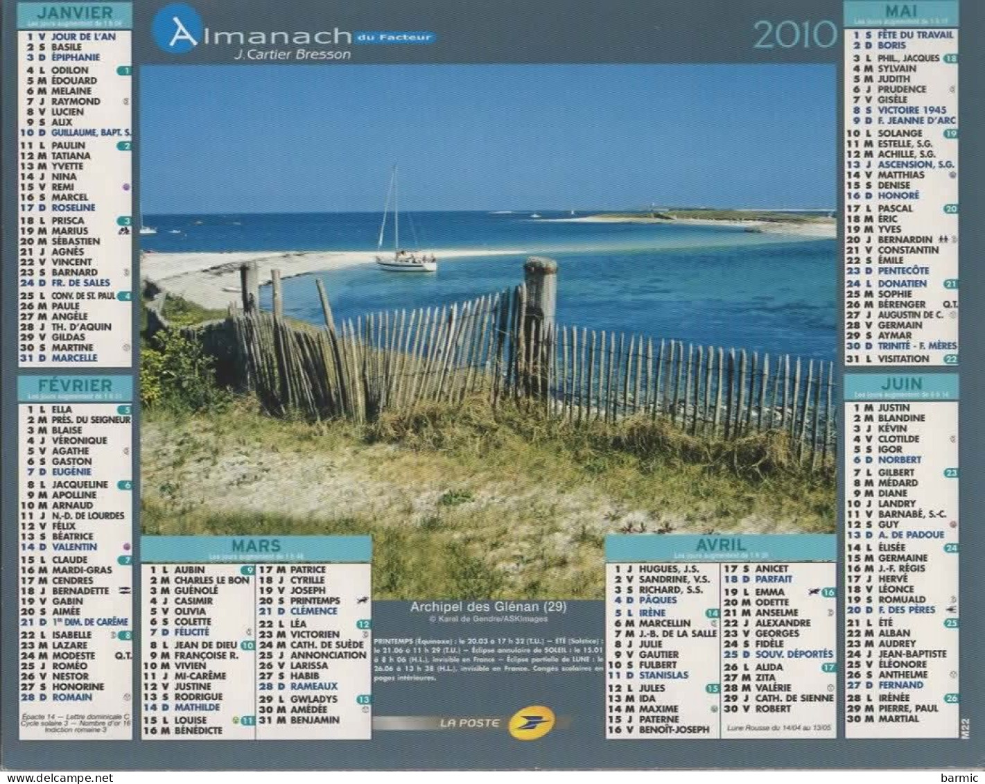 CALENDRIER ANNEE 2010, COMPLET, ARCHIPEL DES GLENANS, VOILIERS, ILE DE BREHAT COULEUR REF 13881 - Grand Format : 2001-...