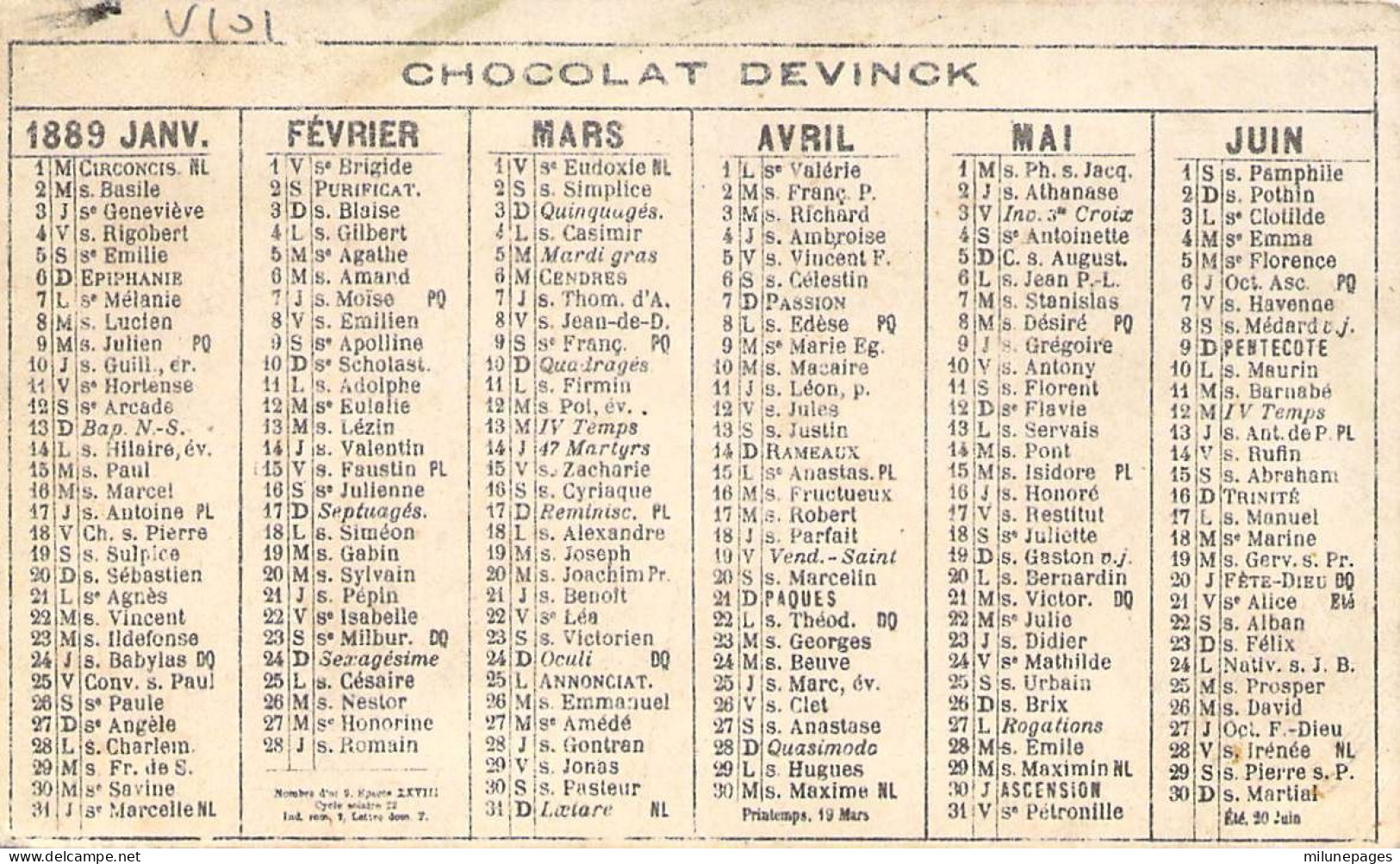 Chromo Calendrier 6 Mois 1889 Du Chocolat Devinck Petit Chien Dressé Et Fleur Rouge - Klein Formaat: ...-1900