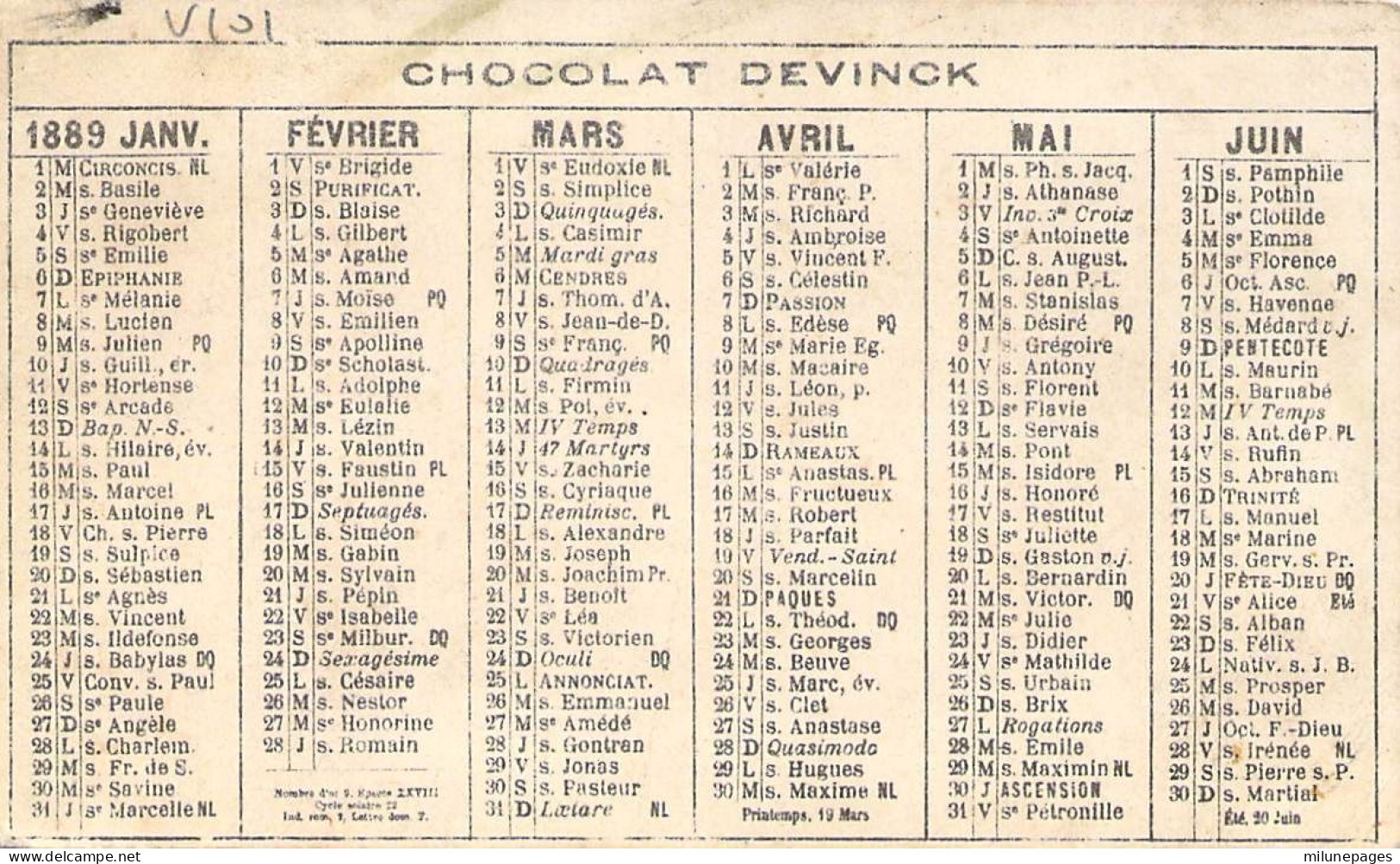 Chromo Calendrier 6 Mois 1889 Du Chocolat Devinck Petit Chien Dressé Et Fleur Rouge - Tamaño Pequeño : ...-1900