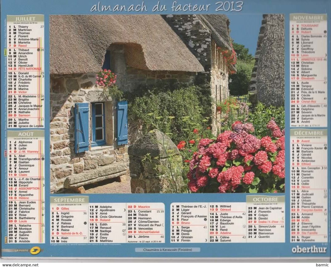 CALENDRIER ANNEE 2013, COMPLET, MAISON FLEURIE A BURANO ITALIE, CHAUMIERE A KERASCOET FINISTERE COULEUR REF 13883 - Groot Formaat: 2001-...