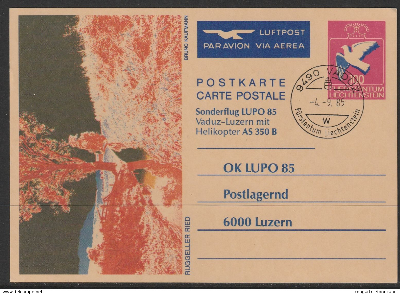 1985, Helikopter Sonderflug, Vaduz - Luzern, Postkarte - Poste Aérienne