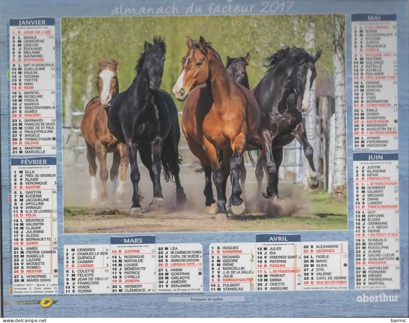 CALENDRIER ANNEE 2017, COMPLET, TROUPEAU DE CHEVAUX AU GALOP, JUMENT ET SON POULAIN  COULEUR REF 13886 - Big : 2001-...