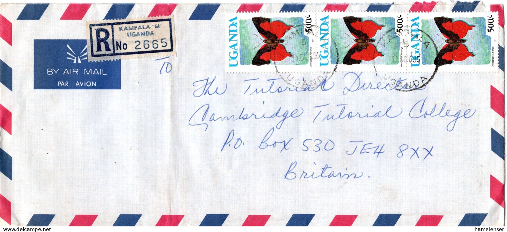 L73698 - Uganda - 1995 - 3@500'- Schmetterling A R-LpBf KAMPALA -> Jersey (Grossbritannien) - Papillons