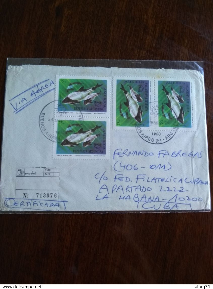 Argentina Reg Letter 1994 To Cuba Upaep 93.yv1831 Whale*3.yv 1832 Tonina*4 Cval E 19. E8 Reg Post Conmems 1 Or 2 P. - Briefe U. Dokumente
