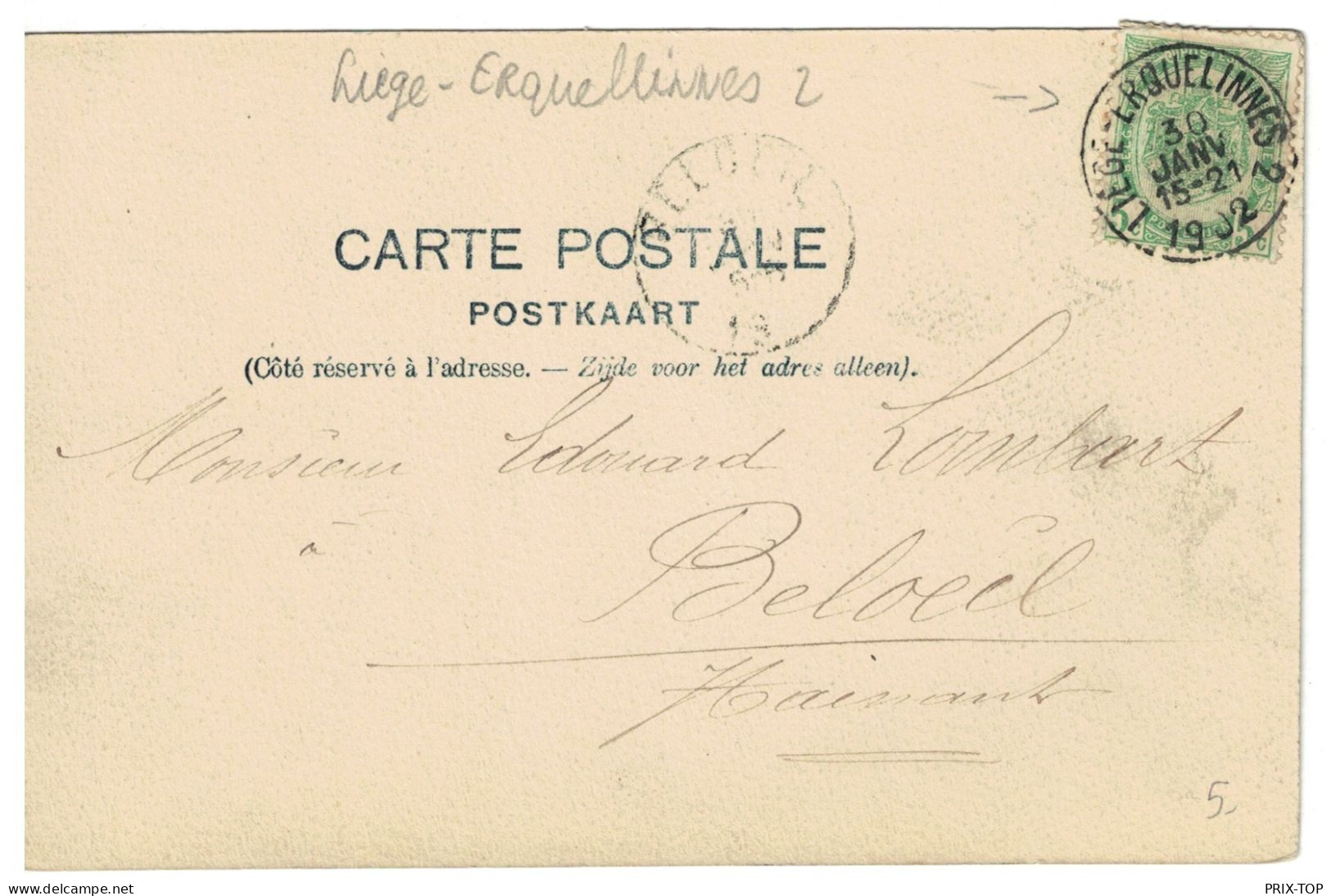 TP 53 S/CP Marchin Château Du Fourneau (Huy) Obl. Liège-Erquelinnes 30/JANV/15-21/1902  > Beloeil C. D'arrivée - Bahnpoststempel