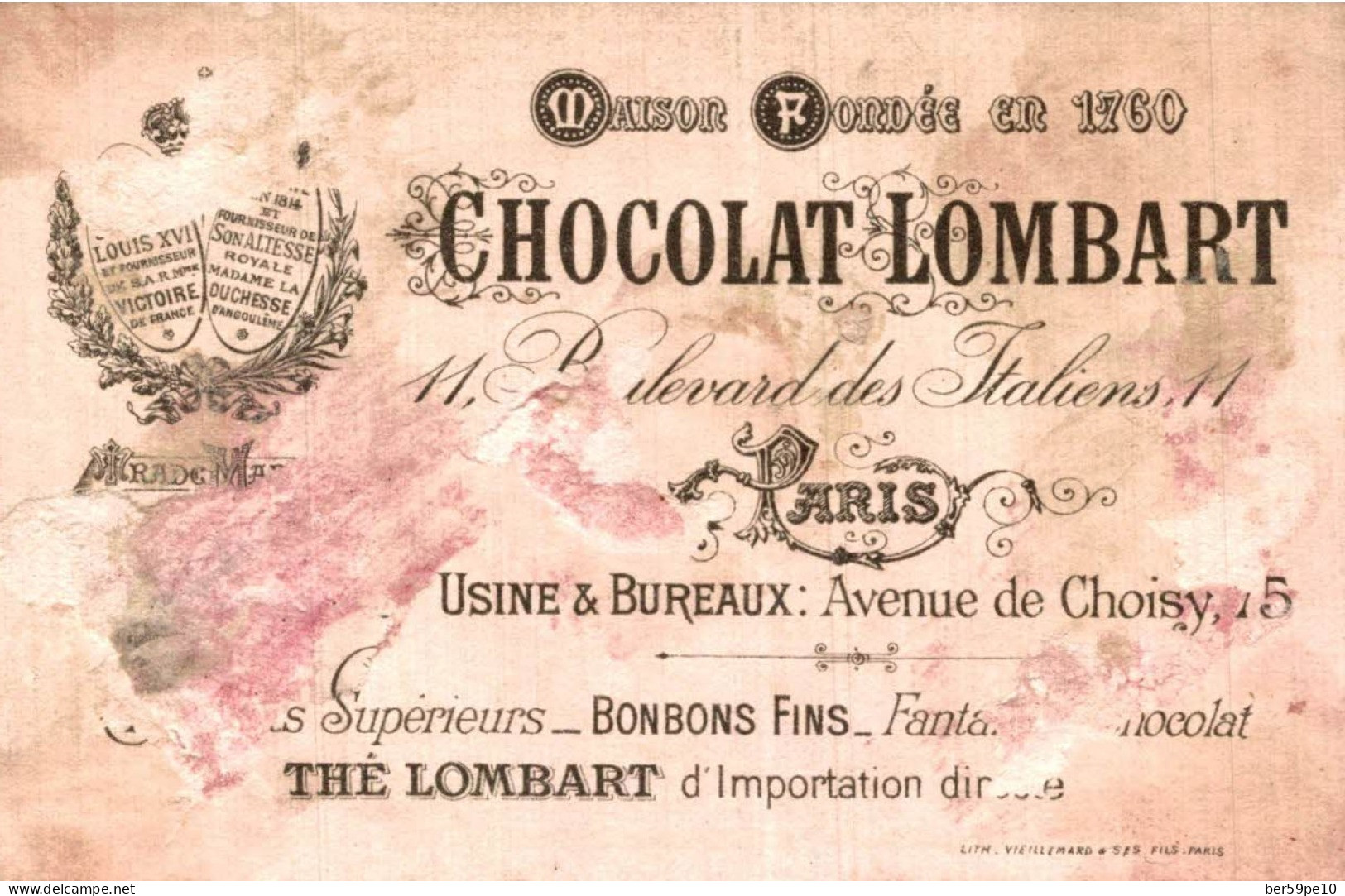 CHROMO CHOCOLAT LOMBART PARIS PLAT FAIENCE PORCELAINE ROUEN - Lombart