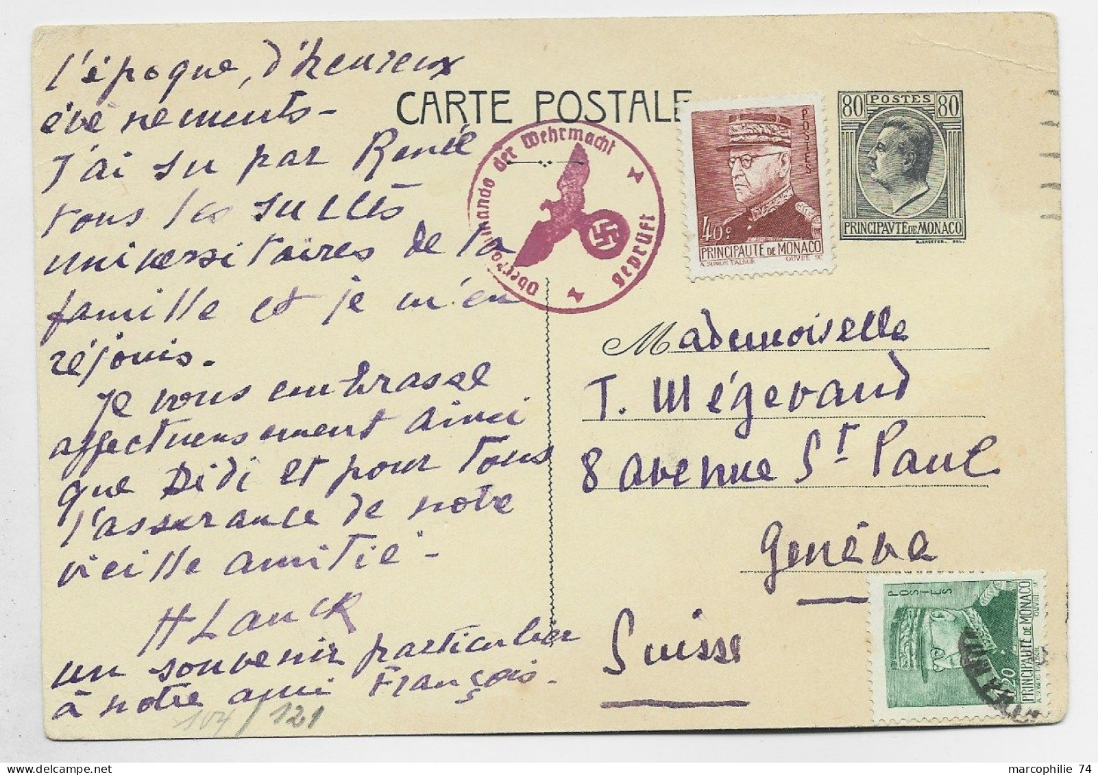 MONACO ENTIER 80C GRIS  ROUGE CP RARE + 40C NEUF +1FR20 MONTE CARLO 6.2.1943  POUR SUISSE  + CENSURE TARIF 2FR40 - Enteros  Postales