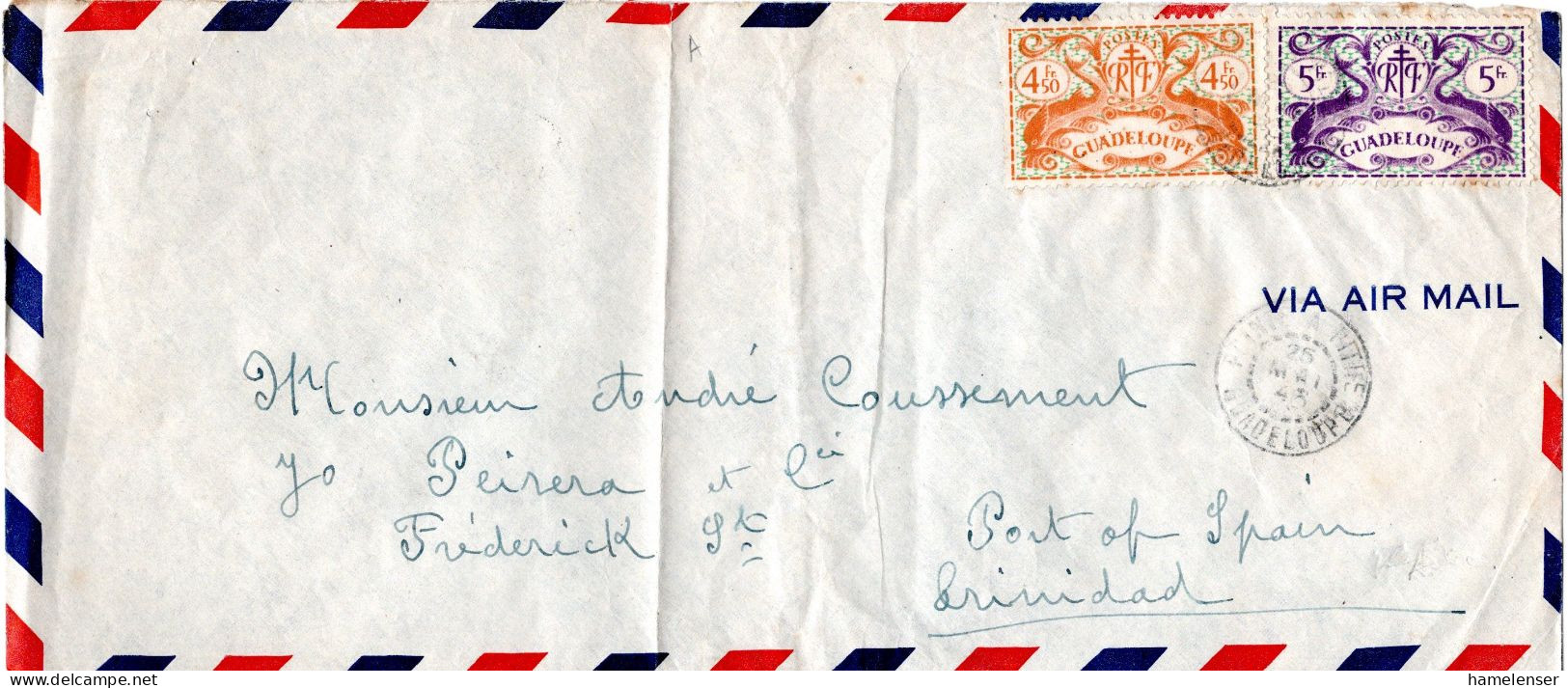 L73721 - Guadeloupe - 1946 - 5F MiF A LpBf (senkr Mittelbug) POINTE A PITRE -> PORT OF SPAIN (Trinidad & Tobago) - Covers & Documents