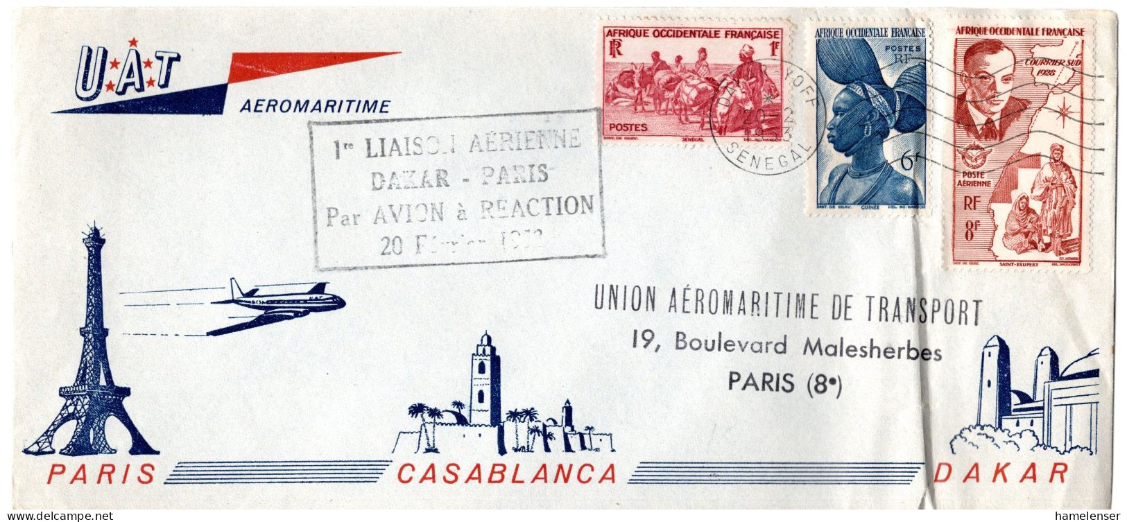 L73722 - Frz Westafrika - 1953 - 8F Luftpost MiF A Erstflug-Bf (etw Buegig) DAKAR -> PARIS (Frankreich) - Storia Postale