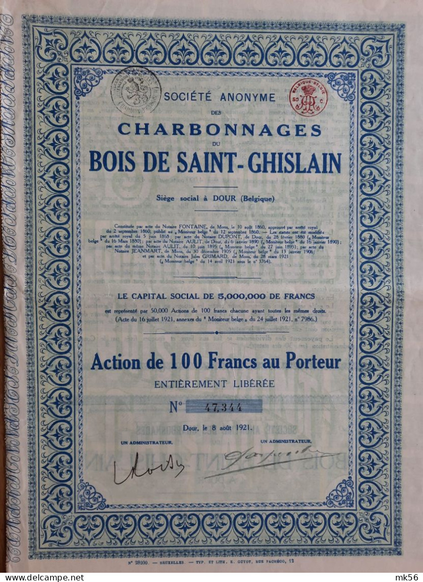 S.A. Charbonnages Du Bois De Saint-Ghislain (1921) Dour - Mines