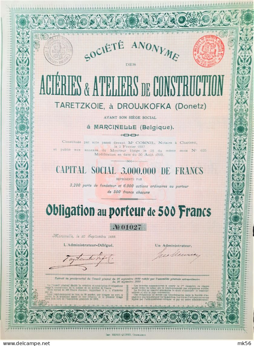 S.A. Des Acéries Et Atéliers De Construction Taretzkoie - Obligation De 500 Fr (1897) - Russia