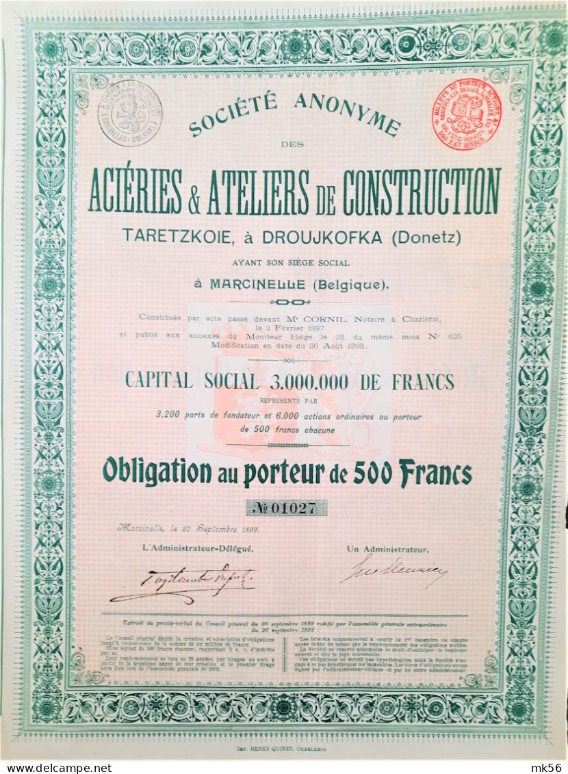 S.A. Des Acéries Et Atéliers De Construction Taretzkoie - Obligation De 500 Fr (1897) - Russie