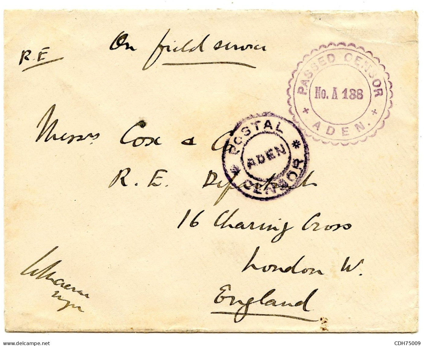 ADEN - CENSURE POSTAL * CENSOR * ADEN + PASSED CENSOR N°A188 * ADEN * + AU VERSO BASE OFFICE ADEN SUR LETTRE, 1918 - Aden (1854-1963)