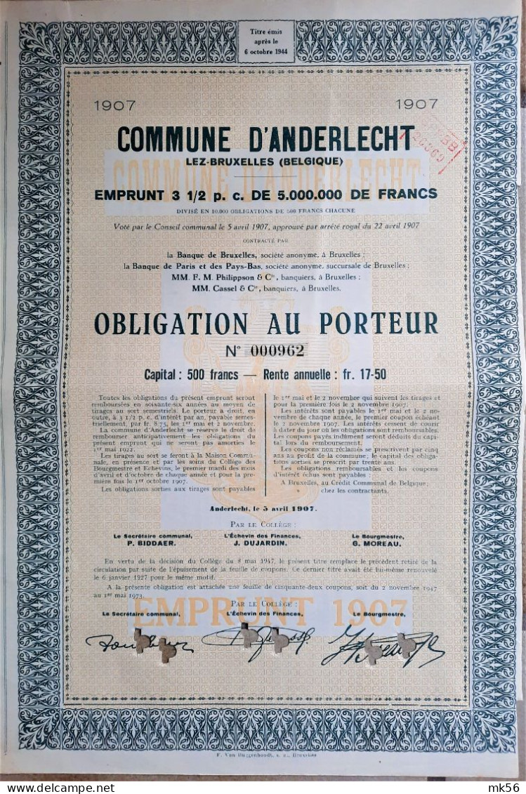 Commune D'Anderlecht - Obligation Au Porteur  De 500 Fr - Rente 17,5 Fr  (voté 5.4.1907) - Autres & Non Classés