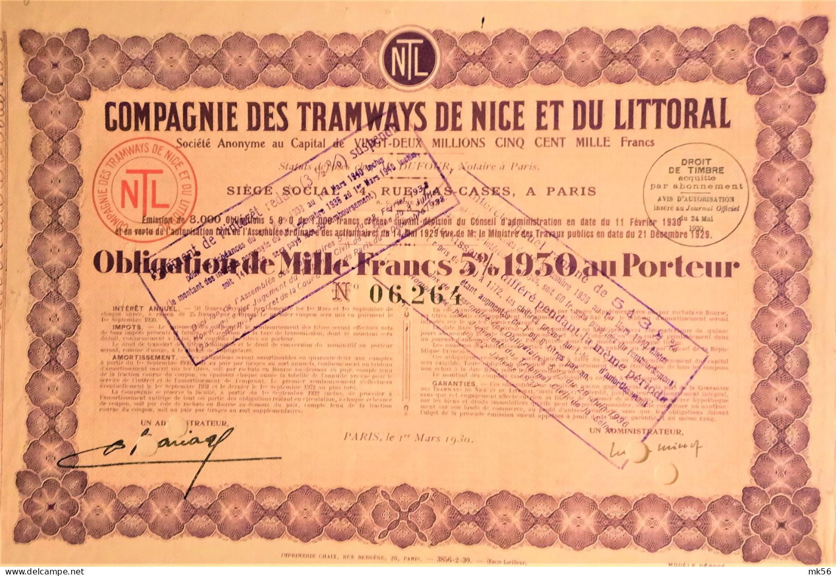 S.A. Compagnie Des Tramways  De Nice Et Du Littoral - Obligation De 1000 Francs 5 % 1930 - Chemin De Fer & Tramway