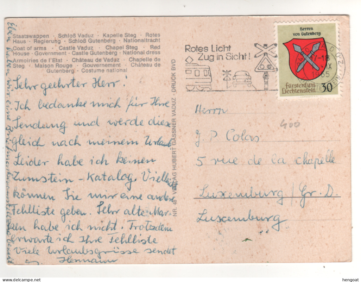 Timbre , Stamp  Yvert N° 400 " Armoiries : Herren Von Gutenberg  " Sur Cp , Carte , Postcard Du 01/09/65 - Cartas & Documentos