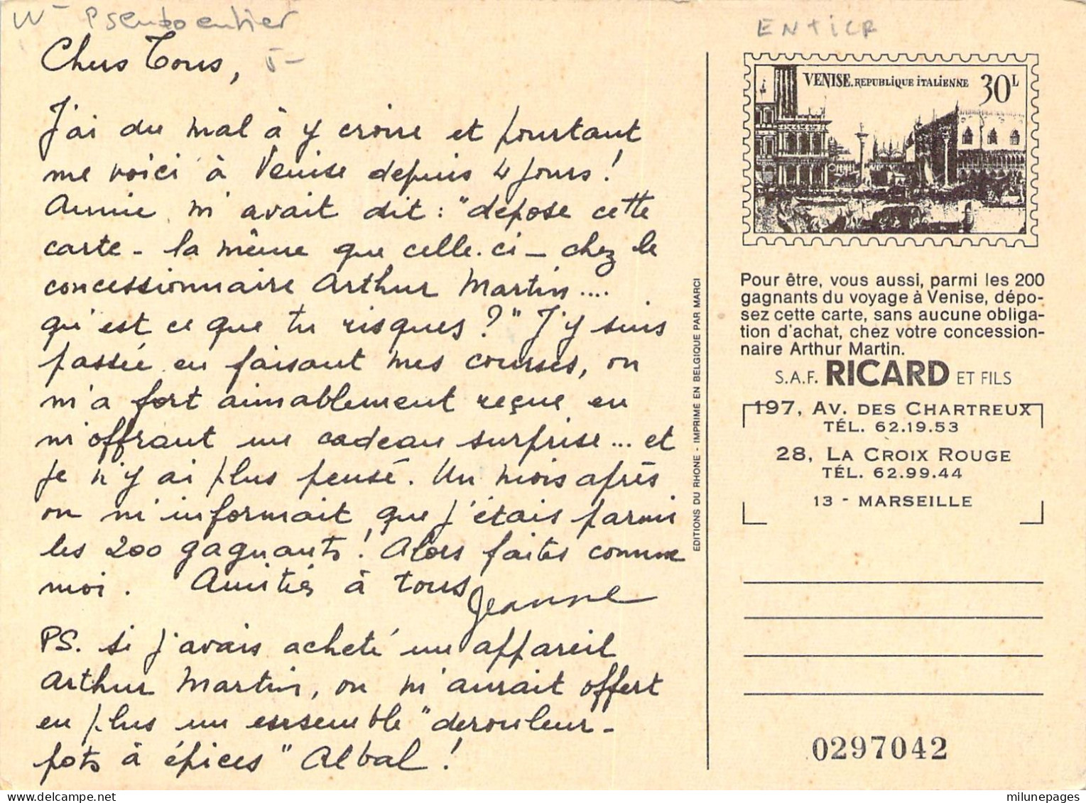 Pseudo Entier De Tombola Venise 30 Lires Pour Le Concessionnaire Arthur Martin Ricard à Marseille Sur Carte Venise - Pseudo-entiers Privés