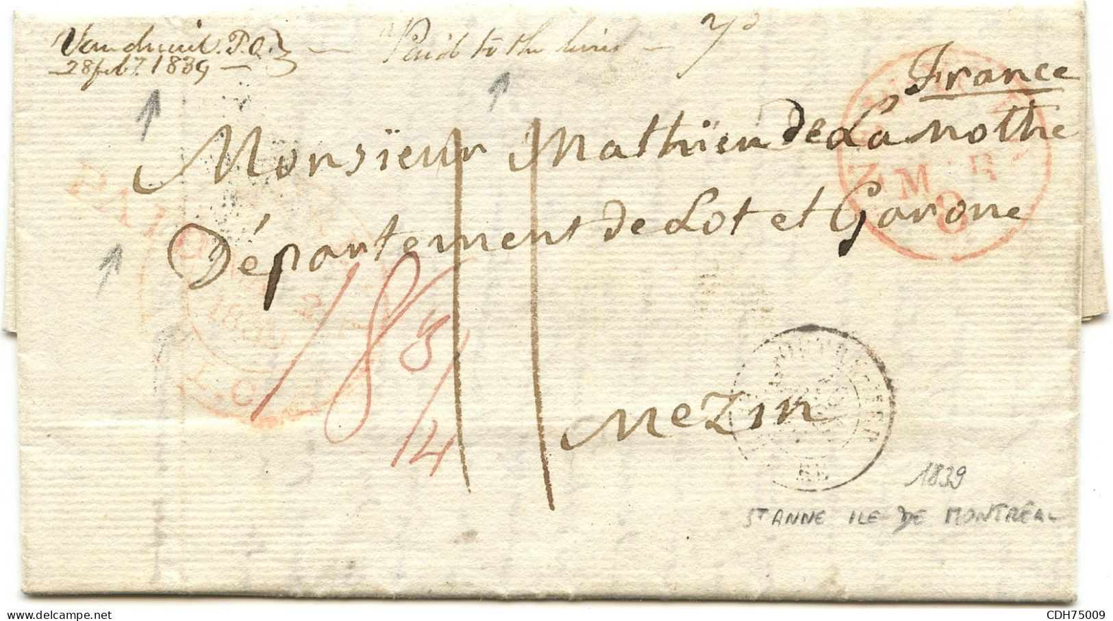 CANADA - VAUDREUIL P.O. MANUSCRIT SUR LETTRE DE SAINT ANNE POUR LA FRANCE, 1839 - ...-1851 Préphilatélie