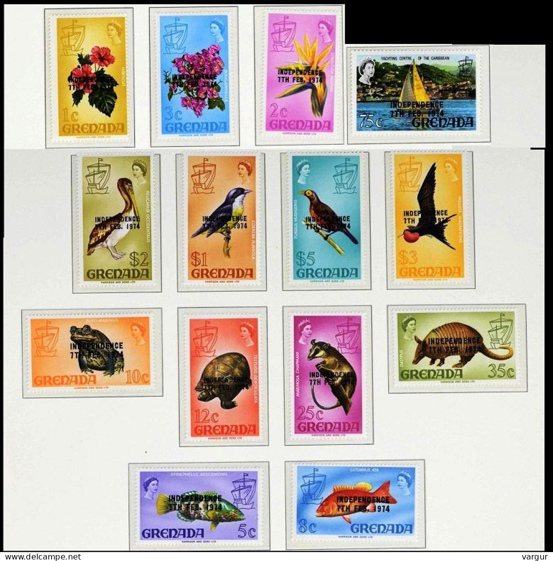 GRENADA 1974. Flowers & Fauna Definitive Overprinted INDEPENDENCE. Complete 14v, MNH - Grenade (1974-...)